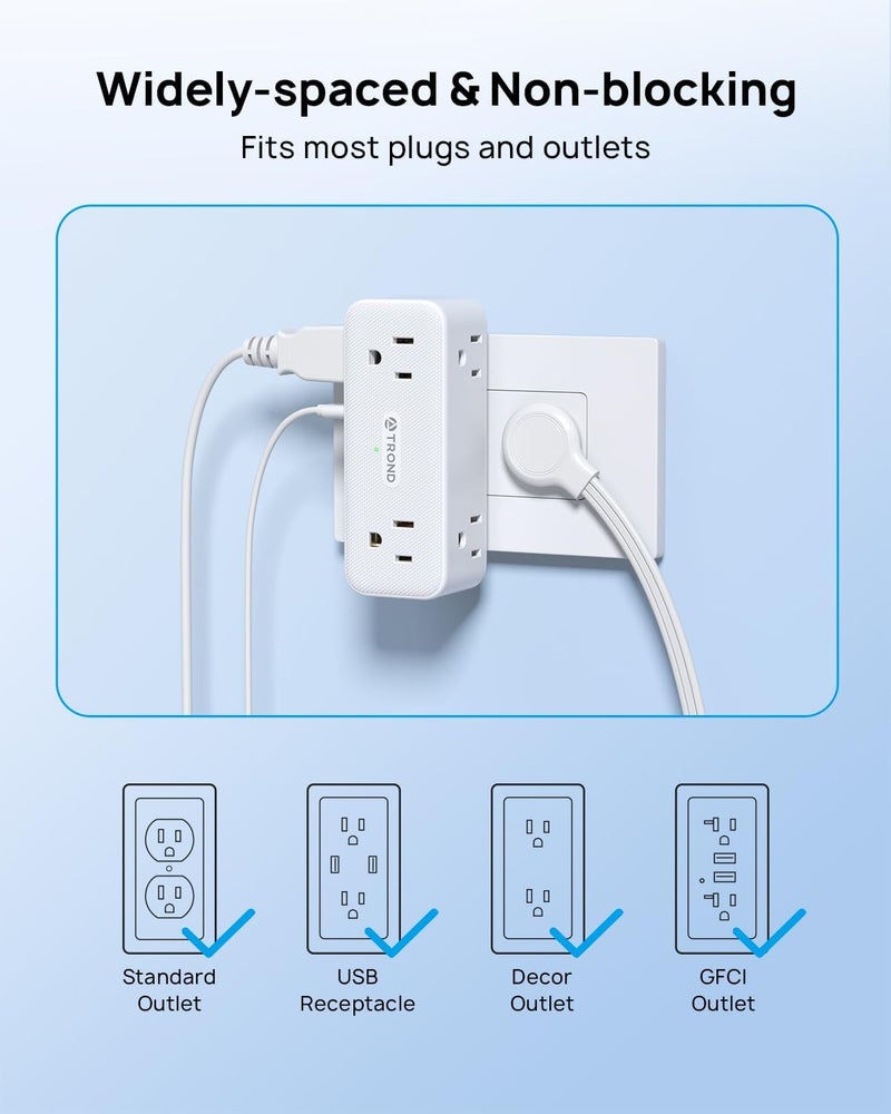 TROND Electrical Outlet Extender, 6 AC Outlet Splitter with 360° Rotating Plug, Multi Plug Adapter with PD 20W USB C, 2 USB-A & 2 USB-C, 3 Way Wall Extension Adapter for Home Office Travel Dorm - Image 5